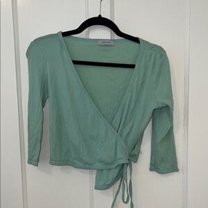 💕Green Wrap Blouse with Tie Front and Black Trim